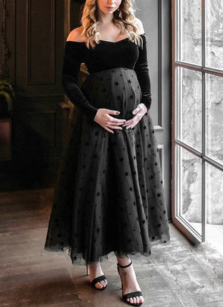 Velvet Off Shoulder Maternity Dress W2008