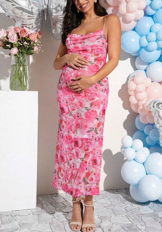 Pink Print Suspender Maternity Dress W2047
