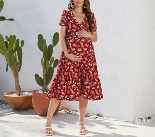 Floral Print Short Sleeve Maternity Dress W2030