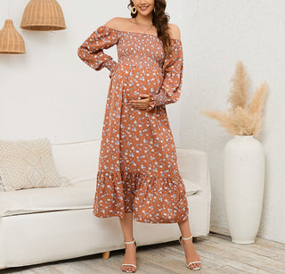 Elegant Floral Print Bell Sleeve Maternity Dress W2025