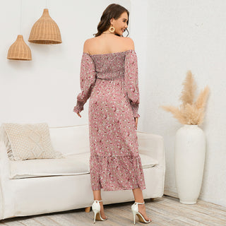 Elegant Floral Print Bell Sleeve Maternity Dress W2025