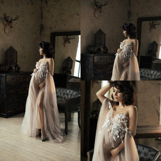 Luxury Champagne Tulle Maternity Photoshoot Dress W1021