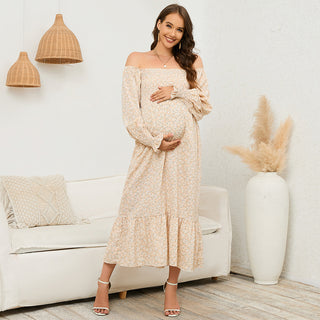 Elegant Floral Print Bell Sleeve Maternity Dress W2025