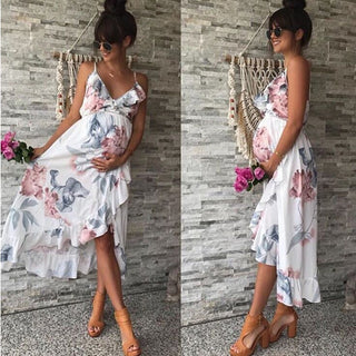 White Print Suspender Maternity Dress W2048