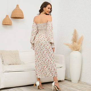 Elegant Floral Print Bell Sleeve Maternity Dress W2025