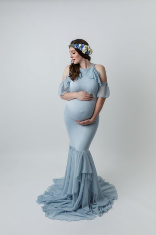 Off Shoulder Ruffle Trim Sleeve Maternity Photoshoot Dress W1014