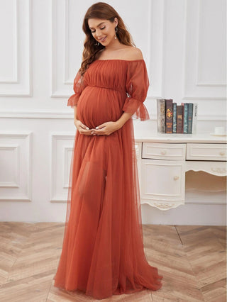 Mesh Lantern Sleeve Maternity Dress W2013