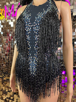 Black Tassel Rhinestone Bodysuit w3035