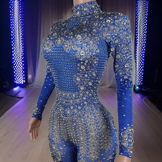 Opulent Blue Rhinestone Bodysuit w3046