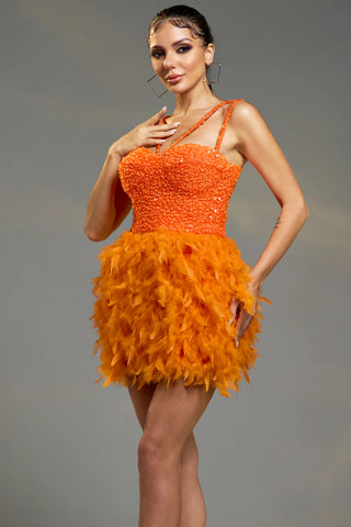 Tangerine Sunset Feather Mini Dress W3016