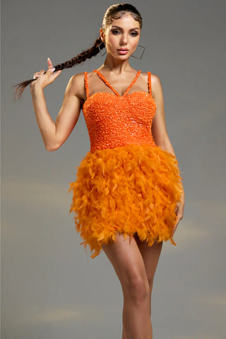 Tangerine Sunset Feather Mini Dress W3016