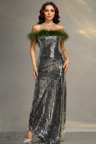 Silver Veil Feather Sequin Dress W3028