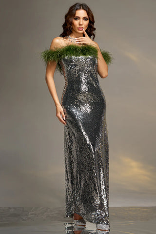 Silver Veil Feather Sequin Dress W3028