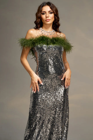 Silver Veil Feather Sequin Dress W3028