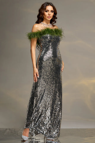 Silver Veil Feather Sequin Dress W3028