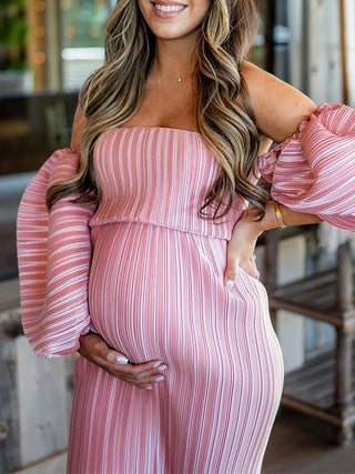 Pink Bandeau Ribbed Maternity Dress W0010