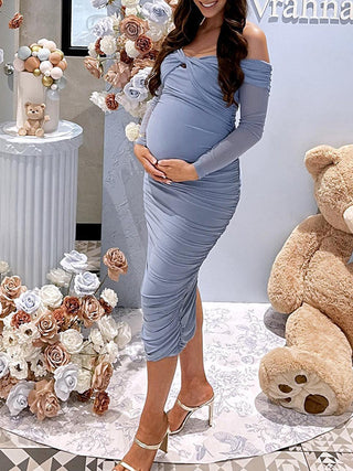 Ruched Off Shoulder Maternity Dress W0013