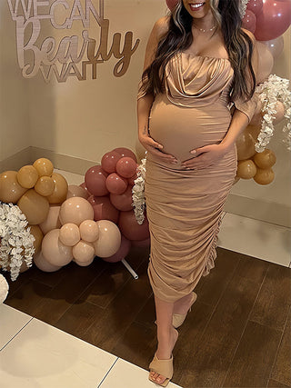 Khaki Ruched Off Shoulder Maternity Dress W0008